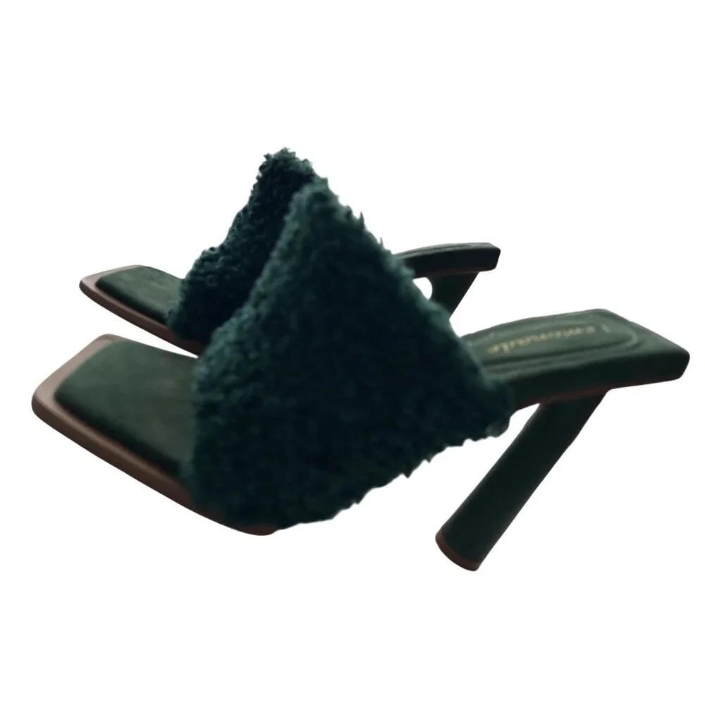 Lemonade Sunny Green Faux Fur Mules Open-Toe Slip On 5” Cylinder Heel Size 7.5 - Picture 4 of 9